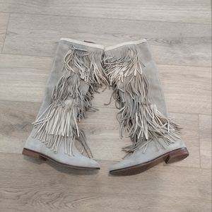 SUPER CLEAN Zara Fringe Suede Western Boots Size 37 6.5 Taupe Tan Cream
